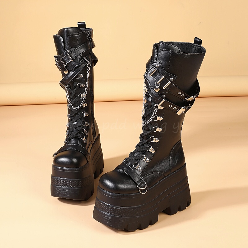 Cosplay Height-Increasing Shoes 11cm Height-Increasing Large Size Martin Boots Mid-Calf Flat-Soled Boots for Short People with Long Legs Thick-Soled Shoes
