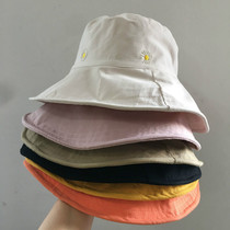Foldable with windproof rope lady delicate daisy embroidered pure cotton bifacial wearing fisherman hat