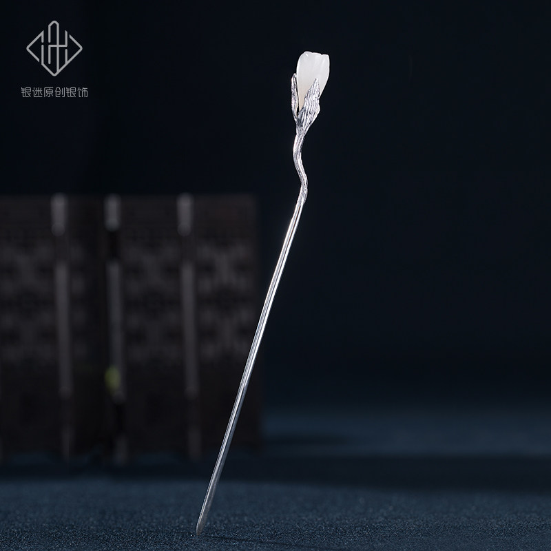 Silver fan s925 silver natural white magnolia flower ethnic style ancient wind headwear female step rocking hair hairpin hairpin gift