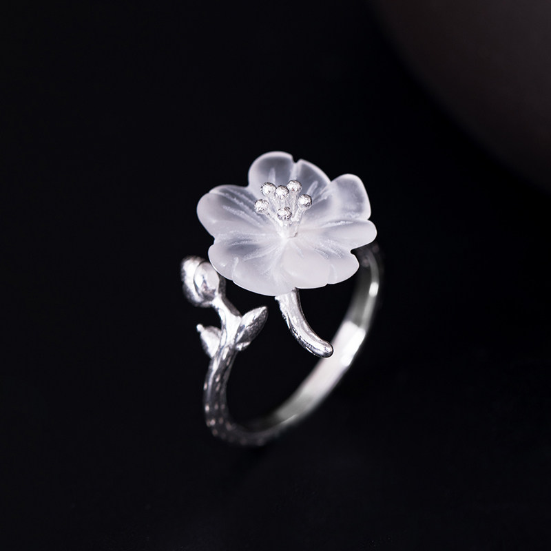 Flowers in the rain S925 silver ring crystal plum opening design retro ethnic handmade classical temperament ring