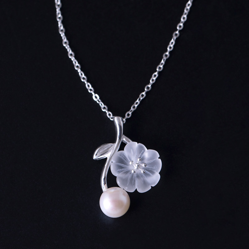 Silver fan plum pearl set chain S925 silver Chinese national style temperament pendant collarbone necklace female mother's day gift