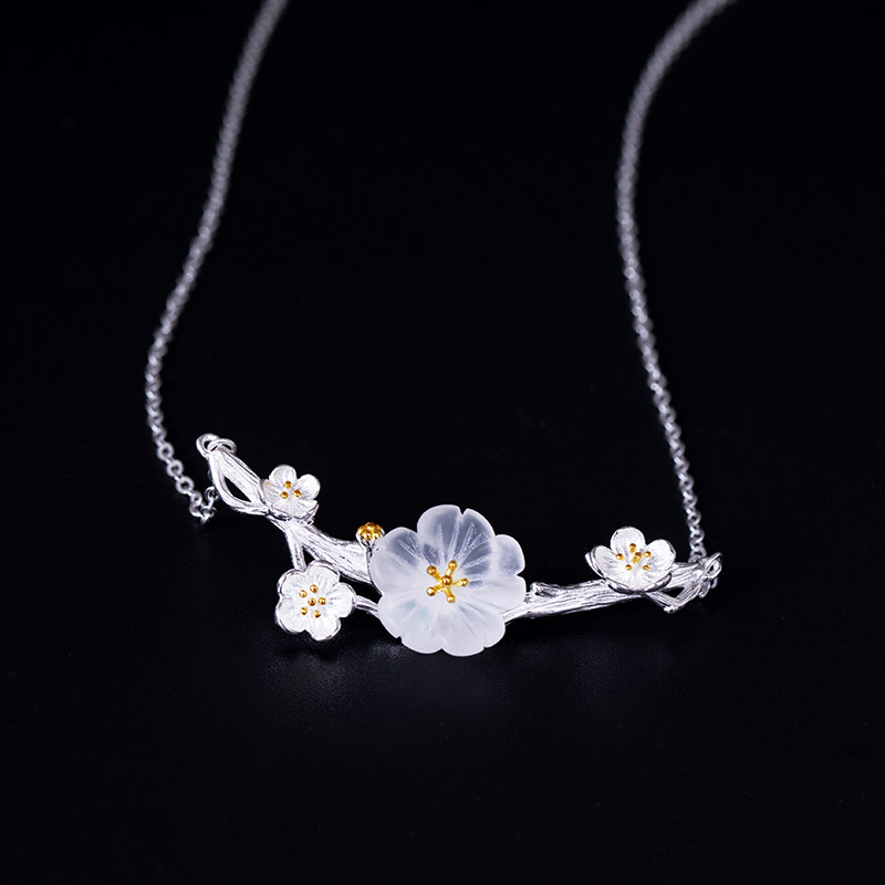 s925 Silver Crystal Flower Necklace Antique Jewelry Set Plum Blossom Retro Ethnic Style Pendant Adult Gift for Girlfriend