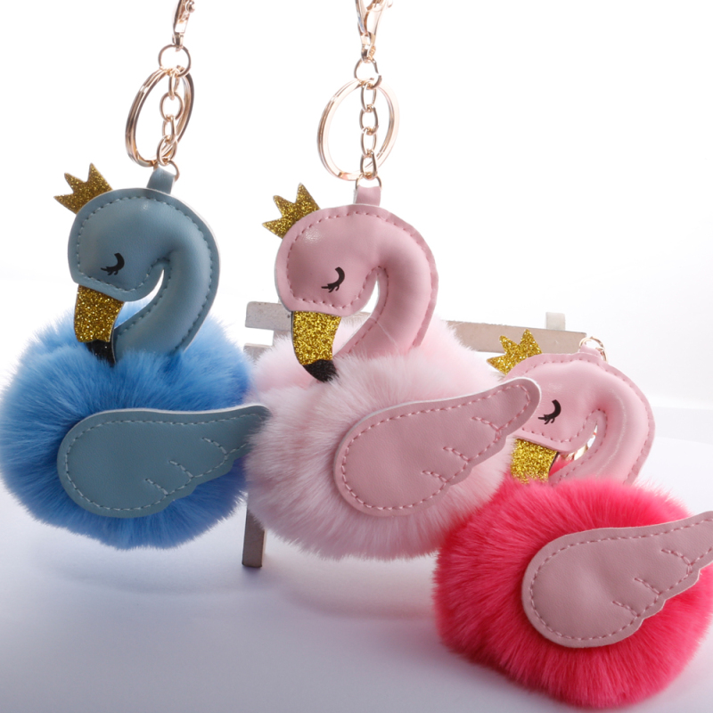 Swan-Shaped Fur Ball Keychain Pendant Korean Style New Winged Crown Flamingo Luggage Accessory Plush Pendant