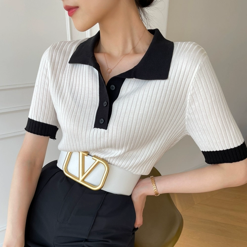 Трикотажный свитер, летняя футболка, французский стиль, воротник поло, размер