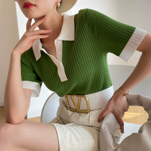 Трикотажный свитер, летняя футболка, французский стиль, воротник поло, размер