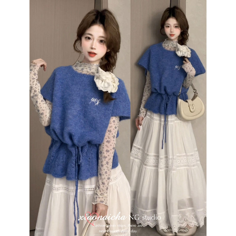 Korean-Style Knitted Vest, Floral Print Base Shirt, Women's Spring and Autumn Layered Drawstring Top, Summer Skirt Three-Piece Set