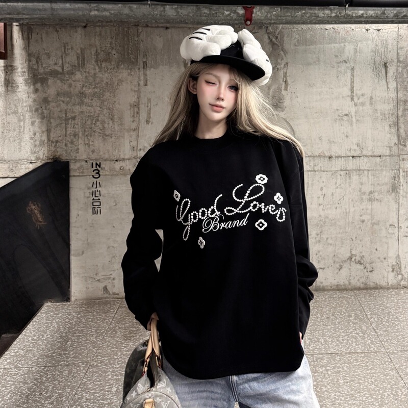 Goodbrand 2025Fw Good Loves Stereo Embroidered Small Flower Slogan Long-Sleeved T-Shirt, Unisex Trendy