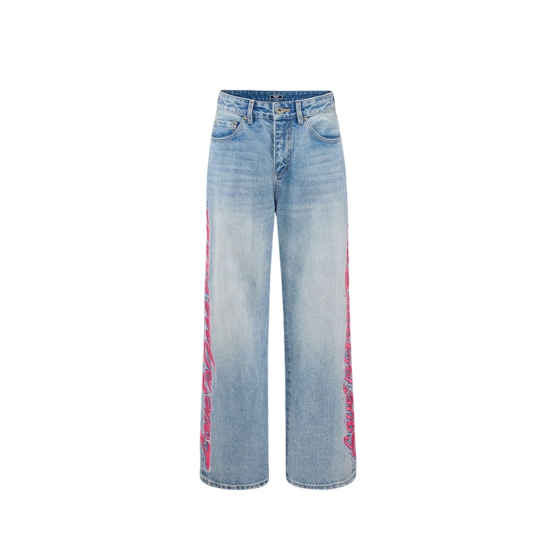 Goodbrand New Pink Floral Embroidery Fashionable High-End Ice Blue Jeans Pants Unisex