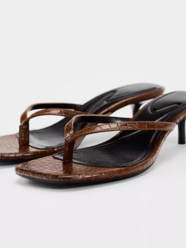 Spanish Za Brown Thong Strap Simple Fashion Sandals 2024 Summer New Open-Toe Elegant High Heels