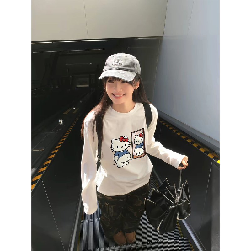 Pure Cotton American-Style White Long-Sleeve T-Shirt for Women, Unique Design, Loose Fit, Suitable for Layering or Wearing Alone, Autumn Top