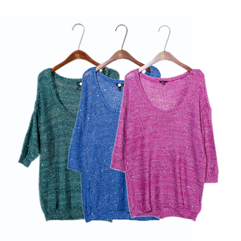 2021 autumn new wild Korean version round neck pullover sweater women sequin sweater solid color seven-point base sweater