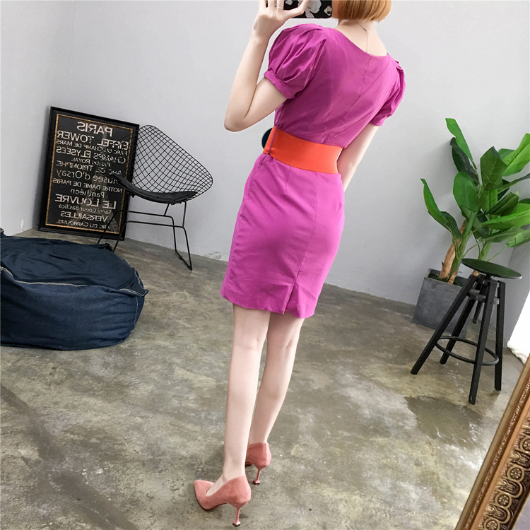 Mùa hè 2018 mới của phụ nữ khí chất đơn giản Eo thon thời trang eo cao Một chiếc váy chữ V cổ váy bong bóng tay ngắn 	váy ôm eo xòe	