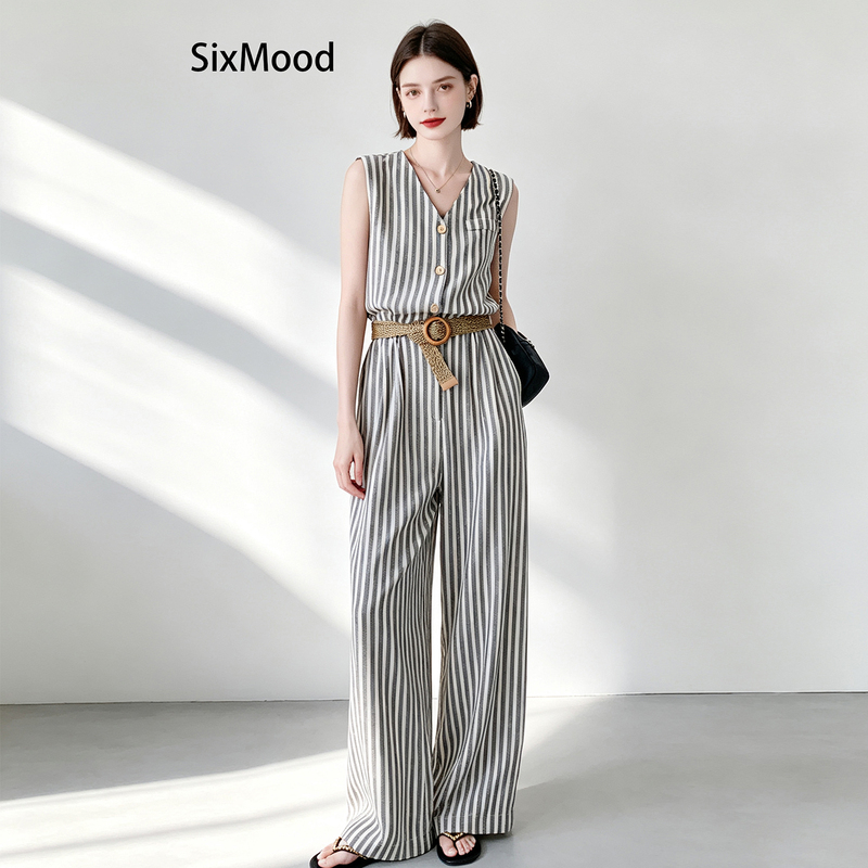 Sixmood Retro Vertical Striped Sleeveless Jumpsuit for Women, Summer Simple High-Waisted Slimming Belt Jumpsuit with Wide-Leg Pants