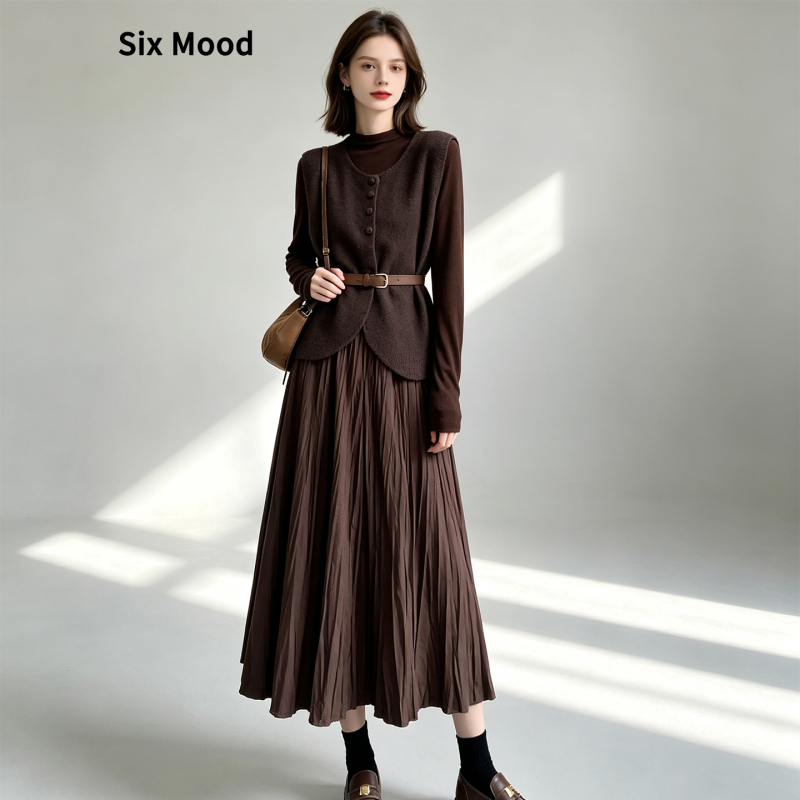 Sixmood Korean-Style Relaxed Round-Neck Vest Dress Set for Women, New Autumn Style, Atmospheric Melard Outfit Sixmood Korean-Style Relaxed Round-Neck Vest Dress Set for Women, New Autumn Style, Atmospheric Melard Outfit