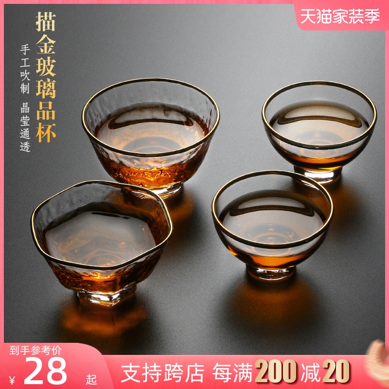 God carving glass flower tea cup small water cup tea cup kung fu tea set transparent heat-resistant tracing golden edge hammer pattern round cup