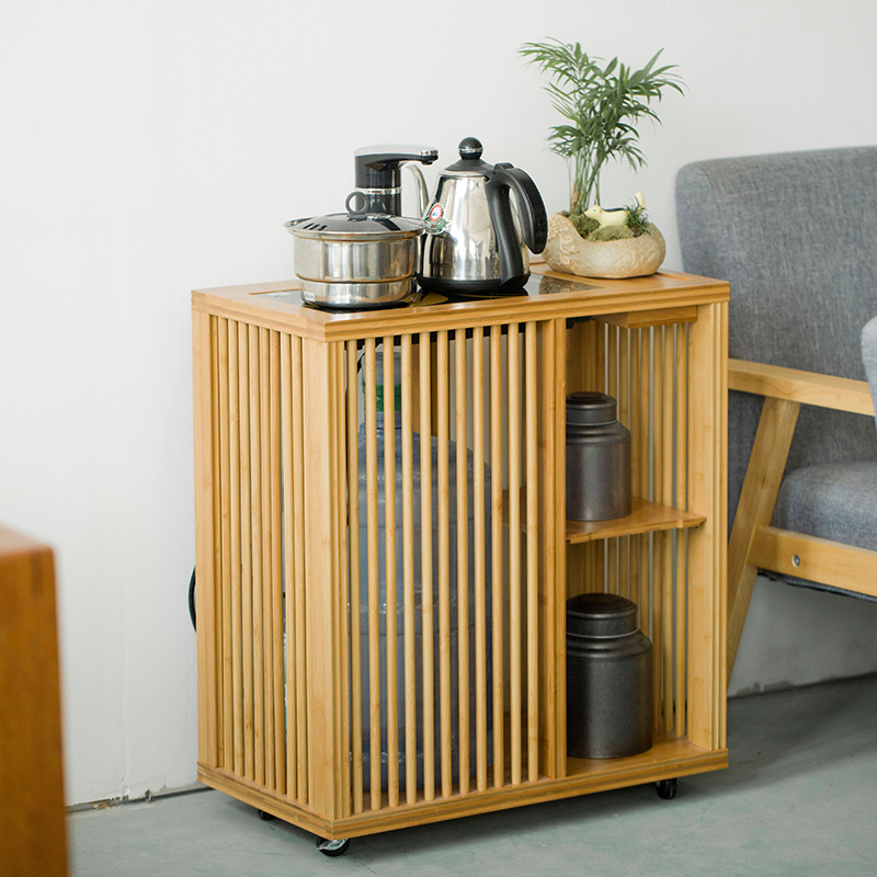 Walnut-colored bamboo storage storage bamboo tea cabinet simple multi-functional mobile tea cabinet automatic water supply set