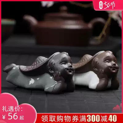 Tea pet Ru kiln open piece can raise ice crack glaze Brother Kiln Celadon shepherd boy tea play small ornaments Kung Fu tea set Tea ceremony accessories