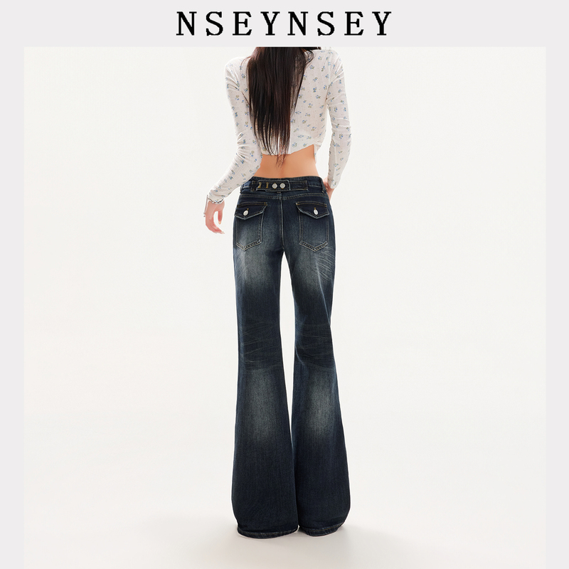 Nsey Paris Button Blue-Gray Flared Jeans for Women 2026 New Autumn Retro Low-Waist Slim Straight Pants