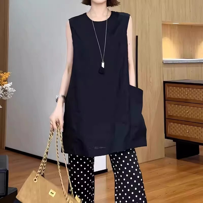 European Style Mid-Length Sleeveless Round Neck Tank Top T-Shirt for Women, New Summer Style, Plus Size, Black, Loose Fit with Pocket Design