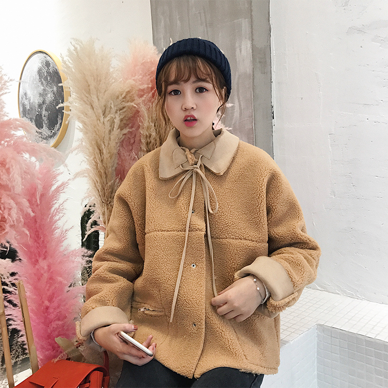 孙啦啦秋冬装新款两面穿羊羔毛外套女宽松短款学生麂皮绒拼接上衣