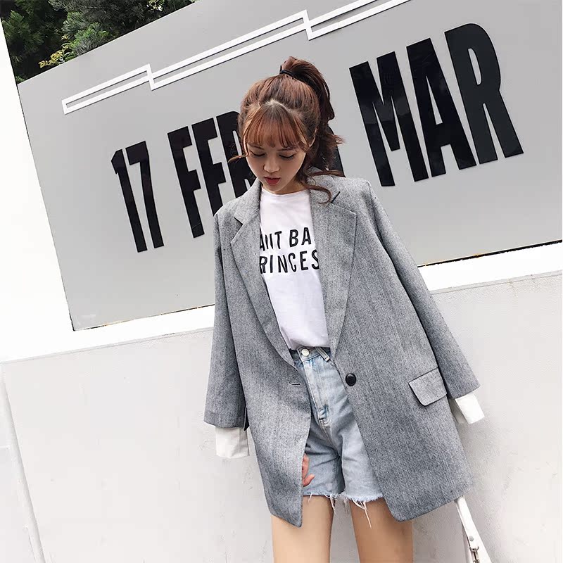 孙啦啦2017秋装新款chic休闲小西服中长款假两件烟灰色西装外套女