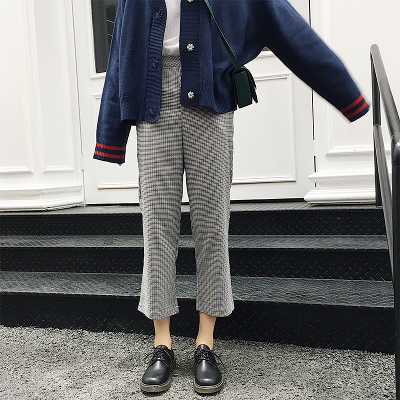 孙啦啦千鸟格女裤子休闲裤217秋装新款格子九分裤高腰复古长裤潮