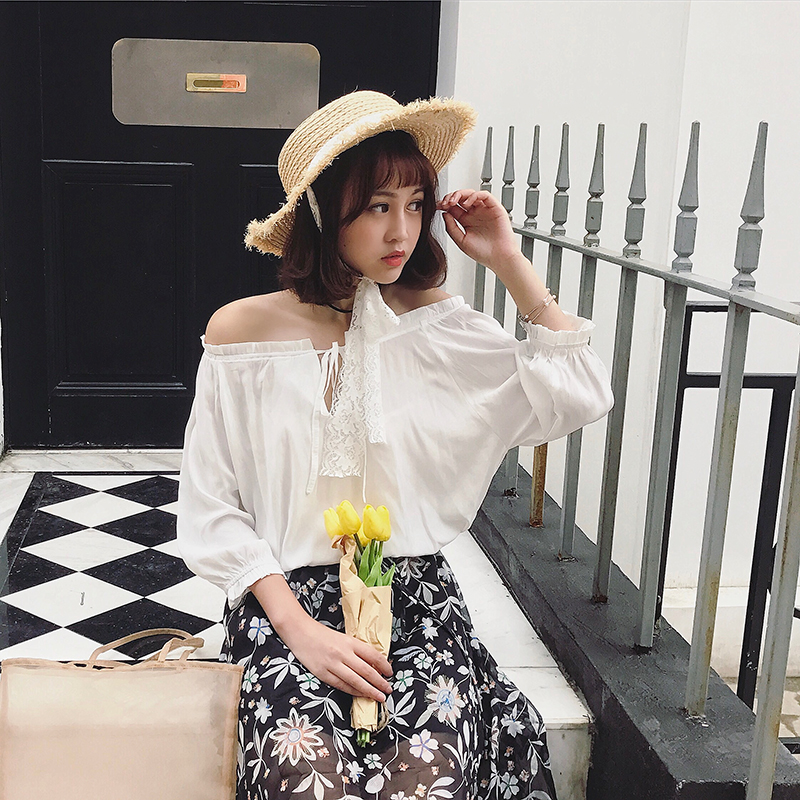孙啦啦夏季新品韩版衬衣女宽松白色学生甜美性感抽绳上衣