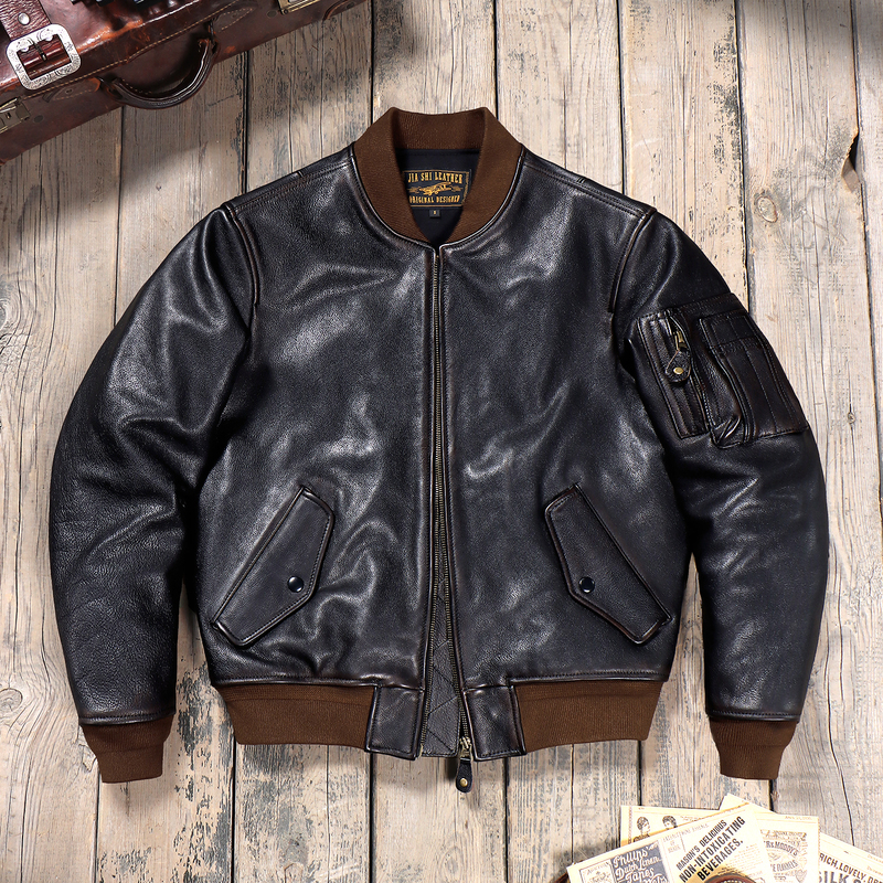 1.4mm Tea Core American Cowhide Ma-1 Flight Suit Men's Genuine Leather Short Baseball Jacket Leather Jacket Coat