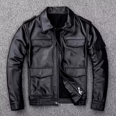 Plus cotton new first layer cowhide men's leather leather jacket short lapel large size Air Force aviator leather jacket jacket