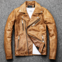 2019 new oil wax first layer cowhide leather leather mens retro old slim Harley motorcycle leather jacket jacket