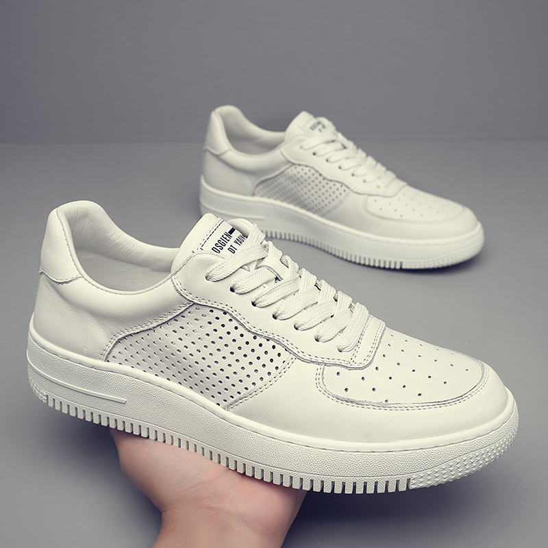 Summer Men's Shoes Perforated Hollow Casual Shoes Genuine Leather Breathable Men's White Shoes Versatile Thick-Soled Sports Sneakers Trendy Brand