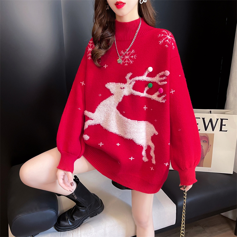 Red Christmas Sweater for Women 2026 New Style Reindeer Autumn and Winter Loose Outerwear Lazy Style Thickened Mid-Length Knit Sweater Red Christmas Sweater for Women 2026 New Style Reindeer Autumn and Winter Loose Outerwear Lazy Style Thickened Mid-Length Knit Sweater