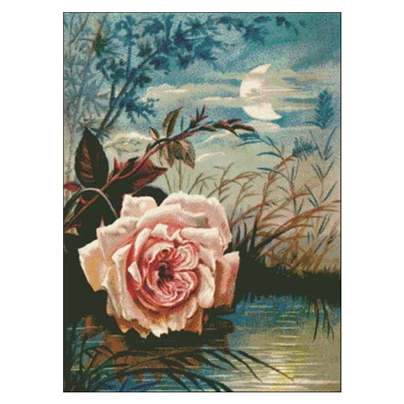 New printing DMC cross stitch living room bedroom dining room entrance Oil painting Beautiful pink roses under the moonlight