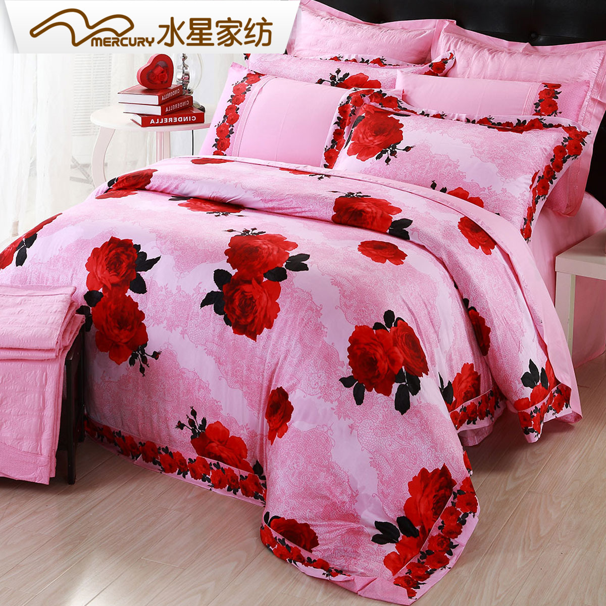 Mercury home textile wedding Tencel jacquard plus printing four-piece set dazzle love shadow Wedding bedding