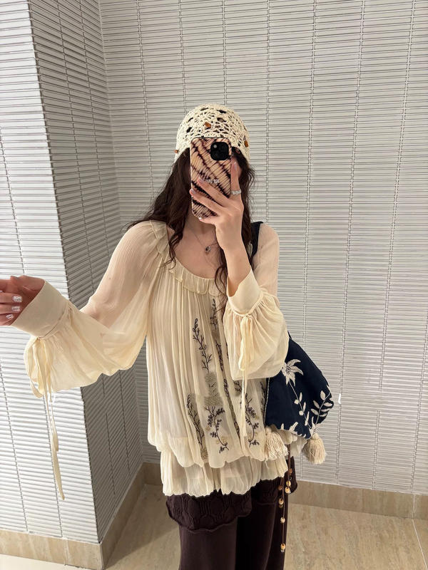 Ceiling Brand Zhong Chuxi Style Ice Round Neck Beaded Blouse for Women, Early Autumn Stage Versatile Long-Sleeve Tie-Up Top
