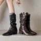 Italy Corso Venezia~French-Style Pointed Toe Chunky Heel Short Boots, Vintage Genuine Leather Patchwork Stretch Slim Boots