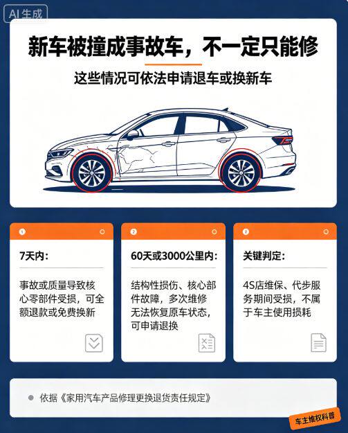 新车两天被撞成事故车!4S店代步撞车麦任划分与车主维权退换车实操