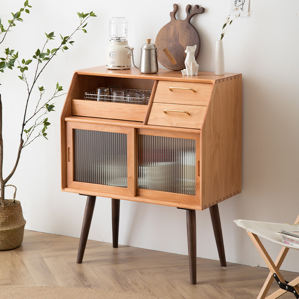 Solid wood Japanese light luxury dining cabinet home ultra-thin minimalist modern tea cabinet living room small apartment integrated against the wall narrow