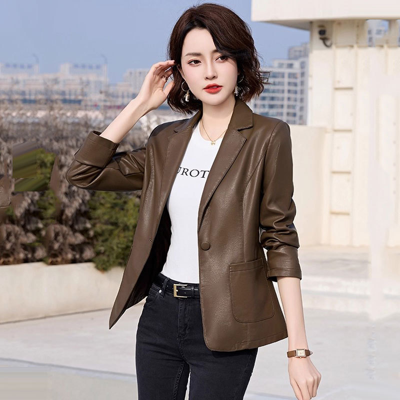Sheepskin Suit Collar Leather Jacket for Women 2026 Spring and Autumn New Slim Fit Petite Haining Leather Jacket Trendy
