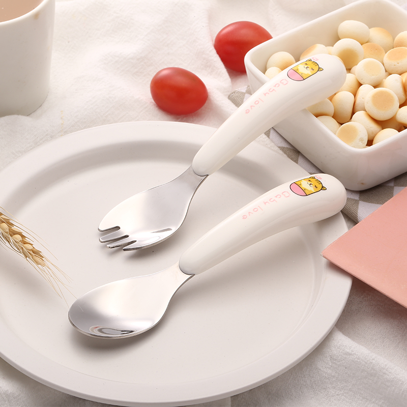 304 stainless steel fork spoon tableware baby food supplement learning training fork spoon portable set children tableware