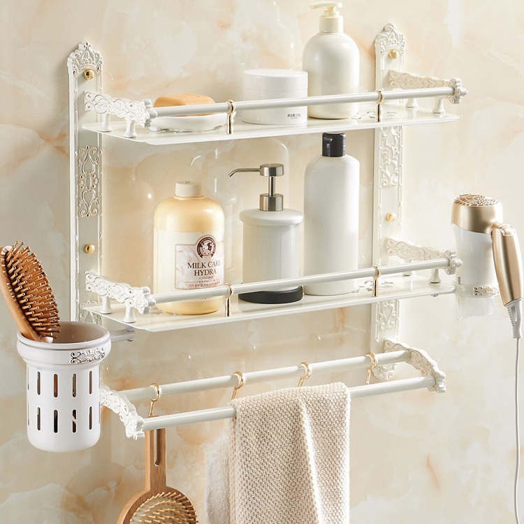 European-Style Bathroom Shelf in Ivory White with Gold, No-Drill Bathroom Space Aluminum Wall-Mounted Accessory, Foldable Towel Rack
