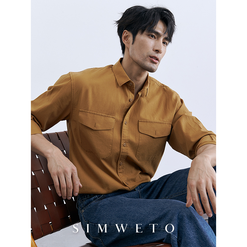 Spring Casual Gentleman Pure Cotton Yellow Shirt Men's Vintage Distressed Japanese Style Loose Handsome Double Pocket Shirt