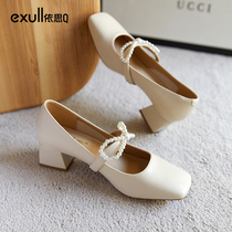 Yith q2022 spring new light mouth retro single shoe woman late evening wind pearl coarse heel Mary Jane womens shoes