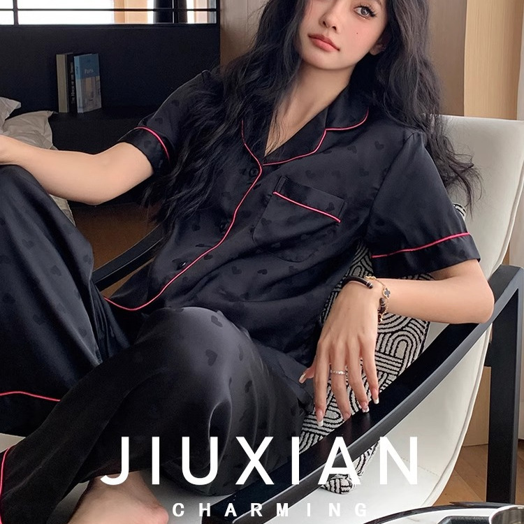 301-304 Women's High-End Spring and Summer Pajamas, Ice Silk, Thin Summer Style, Lapel Short Sleeves, ins Loungewear Suitable for Wearing Outside 301-304 Women's High-End Spring and Summer Pajamas, Ice Silk, Thin Summer Style, Lapel Short Sleeves, ins Loungewear Suitable for Wearing Outside