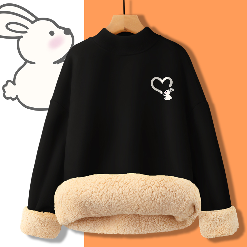 Inner hitch undershirt warm and super thick autumn and winter plus suede thickened sweater lamb velvet thick black semi-high collar jersey woman-Taobao