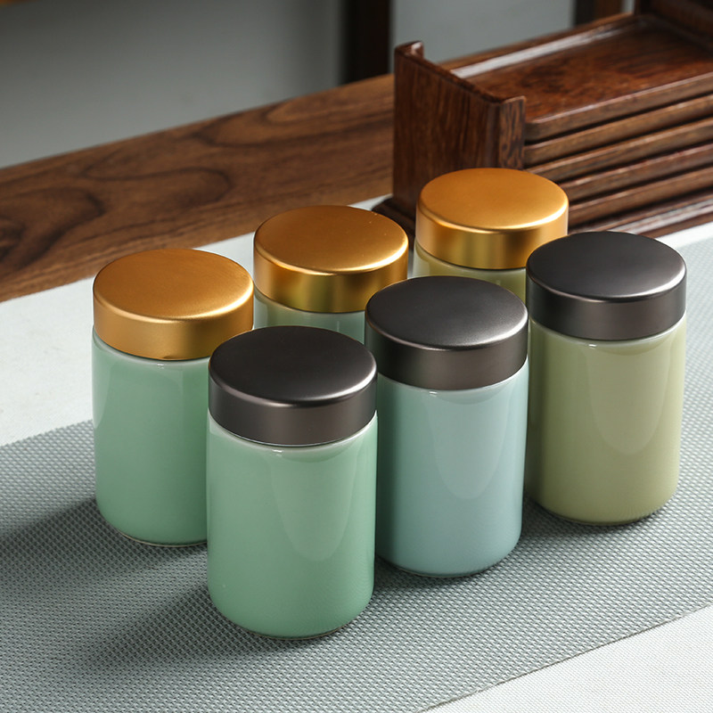 Green porcelain portable mini small number sealing tea leaf jars new porcelain small tea pot tea storage pot fragrant powder pot packaging