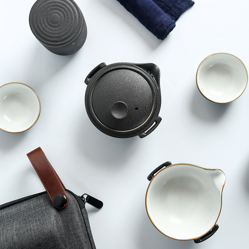 Ceramic Travel Tea Set Rough Ceramic Three Cups Covered Cup Set Outdoor Vehicle Kungfu Tea Tool Portable Package
