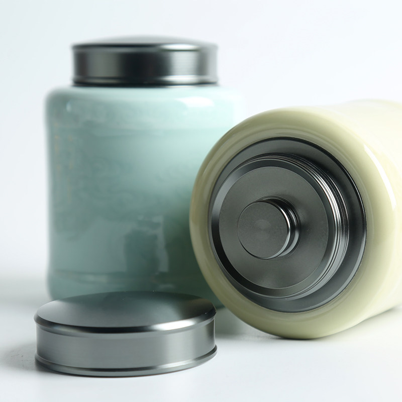 Boutique celadon tea pot ceramic household large number metal lid storage tea pot environmental protection storage pot sealed pot tea warehouse