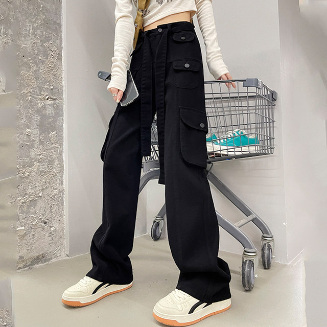 Spice girls black denim trousers wide-leg overalls female pear-shaped figure slim straight-leg pants high-waist casual pants summer dress