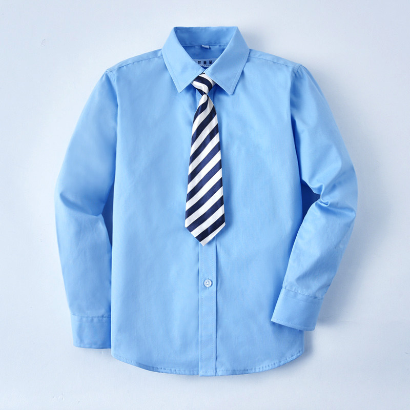 Boy Blue Cotton Long Sleeved Shirt New Mode for Big Children's School Uniform Show Children's Pure Color Shirt